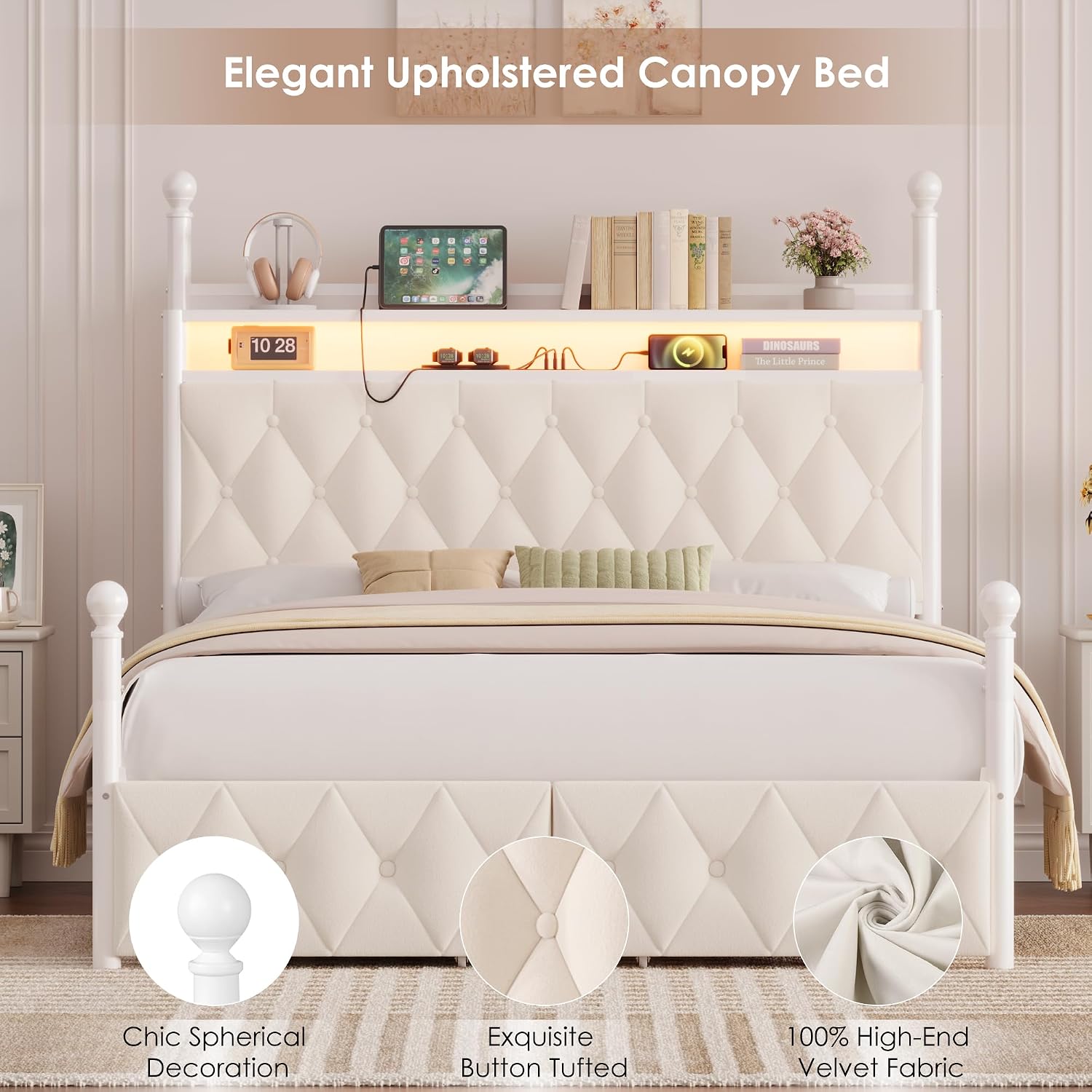 Canopy Bed Frame Metal Queen - Cama con dosel LED tamaño queen