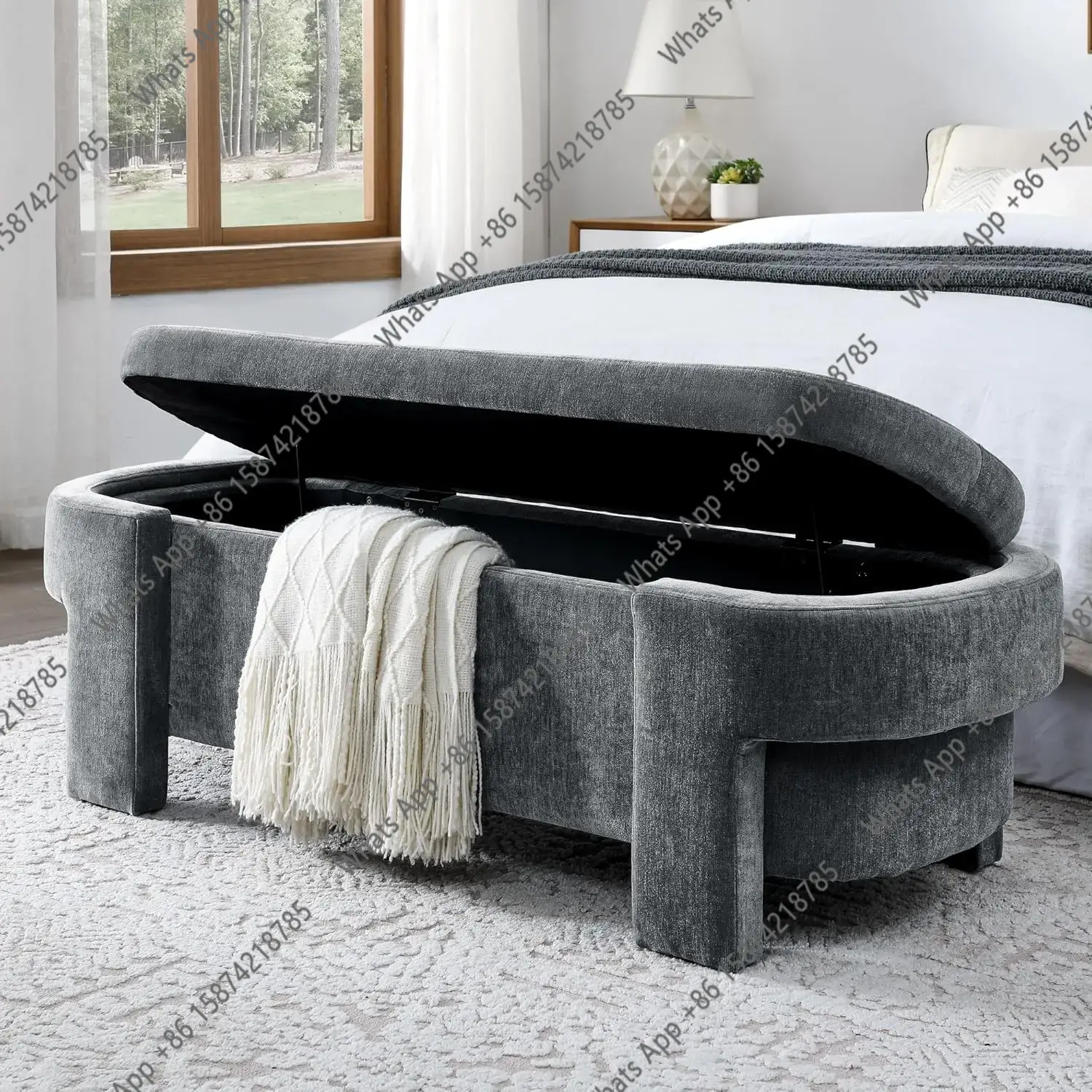 Bedroom Furniture - Banco de Almacenamiento Ovalado Tapizado en