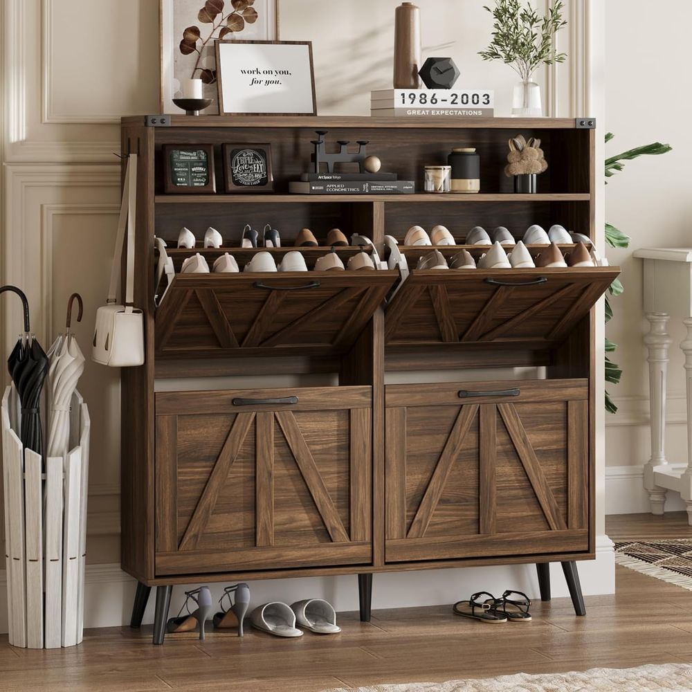 Shoe Rack Cabinet Narrow Entryway - Zapatero con 4 compartimentos, mueble de