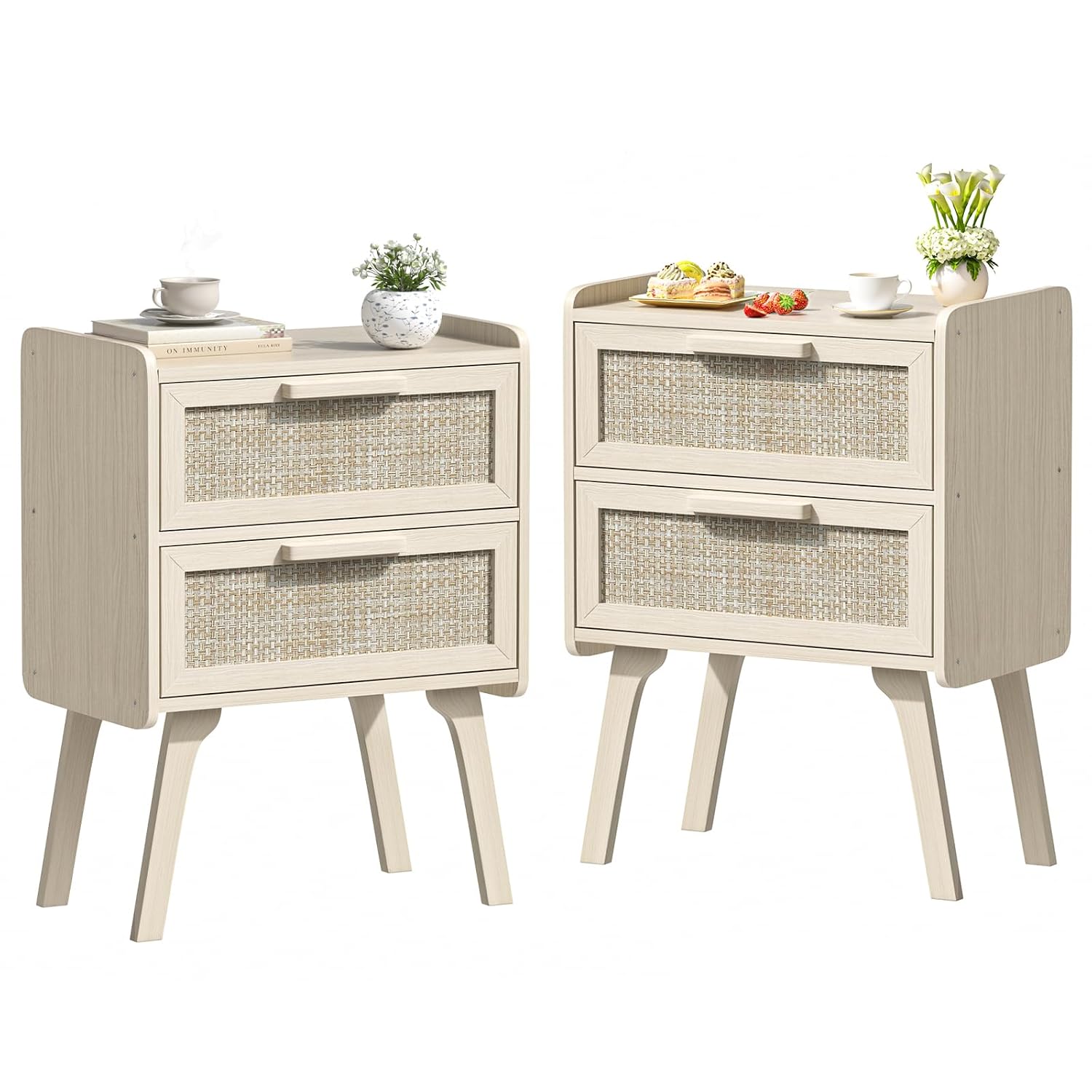 Solid Wood Nightstand 2 Drawers - Juego de 2 Mesitas de Noche