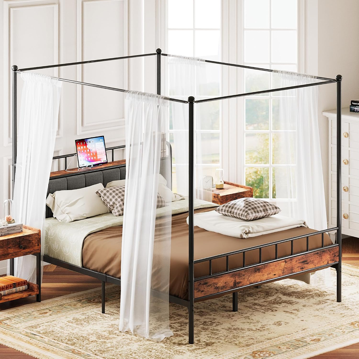 Canopy Bed Frame Metal Queen - Estructura de cama con cabecero y