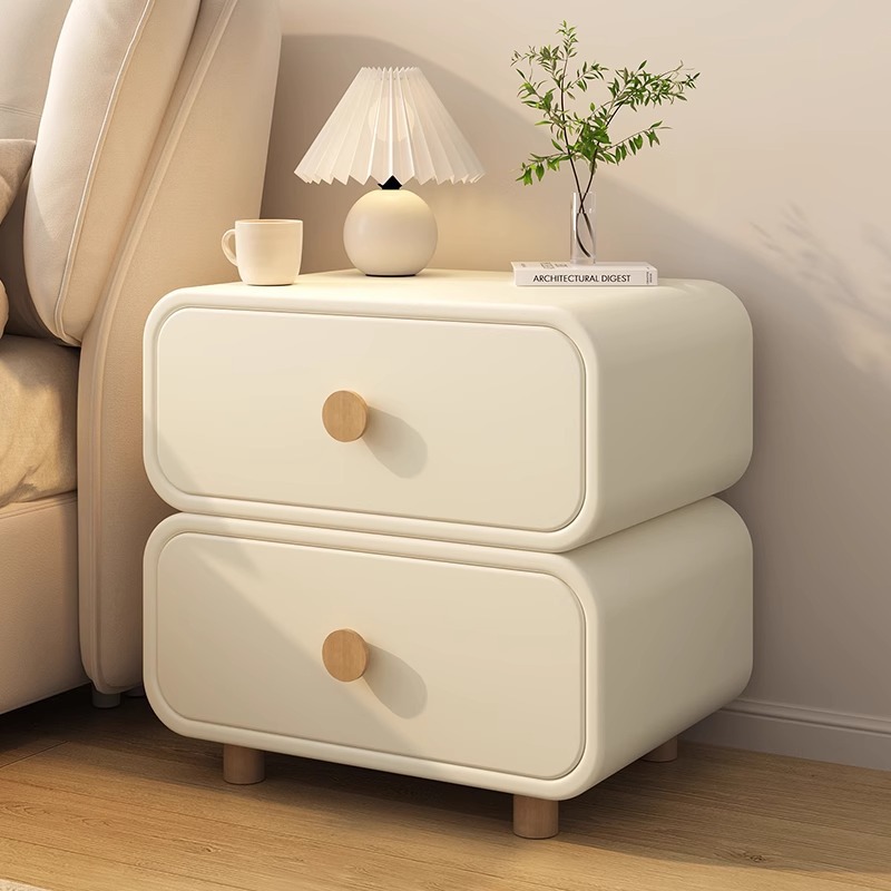 Solid Wood Nightstand 2 Drawers - Mesita de Noche Minimalista Crema con