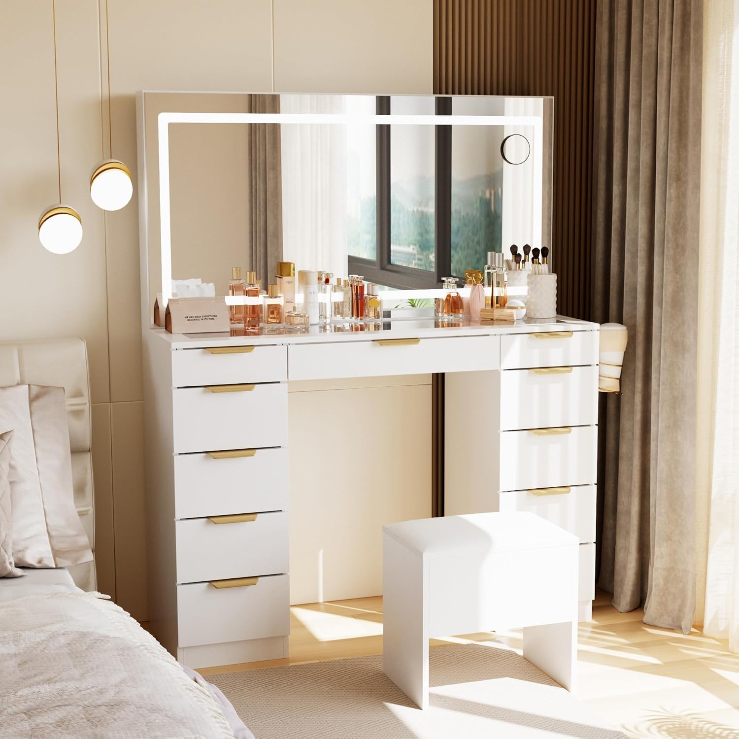 Dressing Table Vanity With Lighted Mirror - Tocador con Cubierta de Vidrio, Espejo