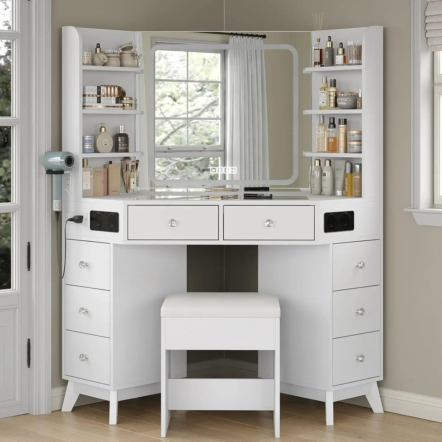 Dressing Table Vanity With Lighted Mirror - Tocador Esquinero con Altavoces, Cajones, Estantes,