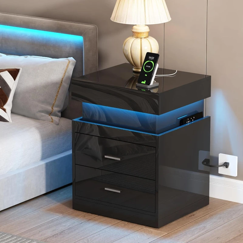 Solid Wood Nightstand 2 Drawers - Mesita de Noche LED con Estación