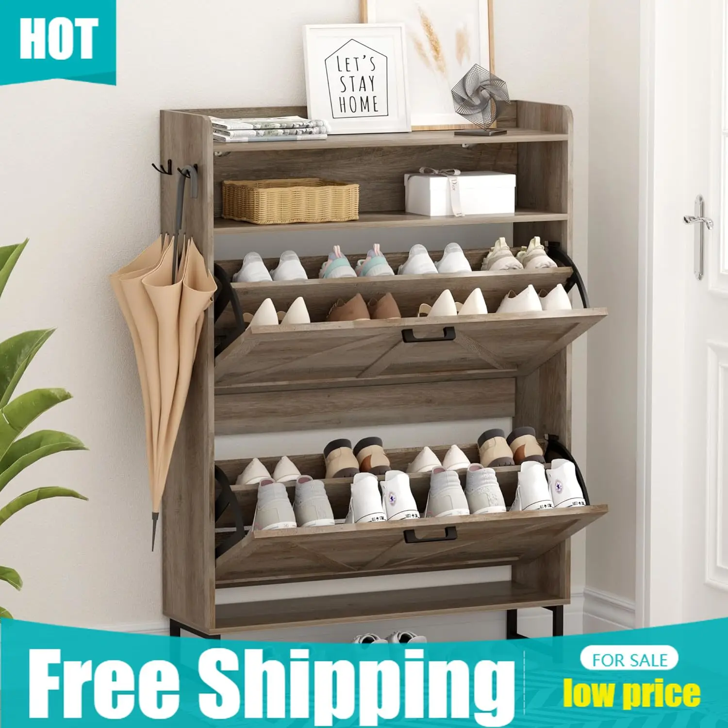 Shoe Rack Cabinet Narrow Entryway - Zapatero con 2 cajones abatibles, organizador