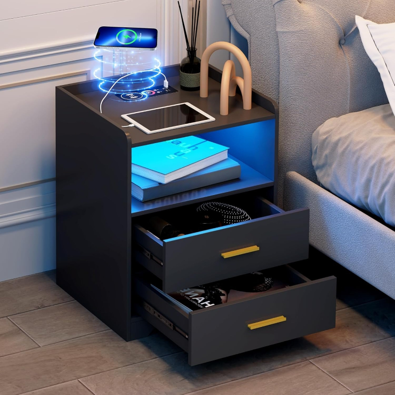 Mesita de noche LED negra con  - Solid Wood Nightstand 2 Drawers reseña y precio