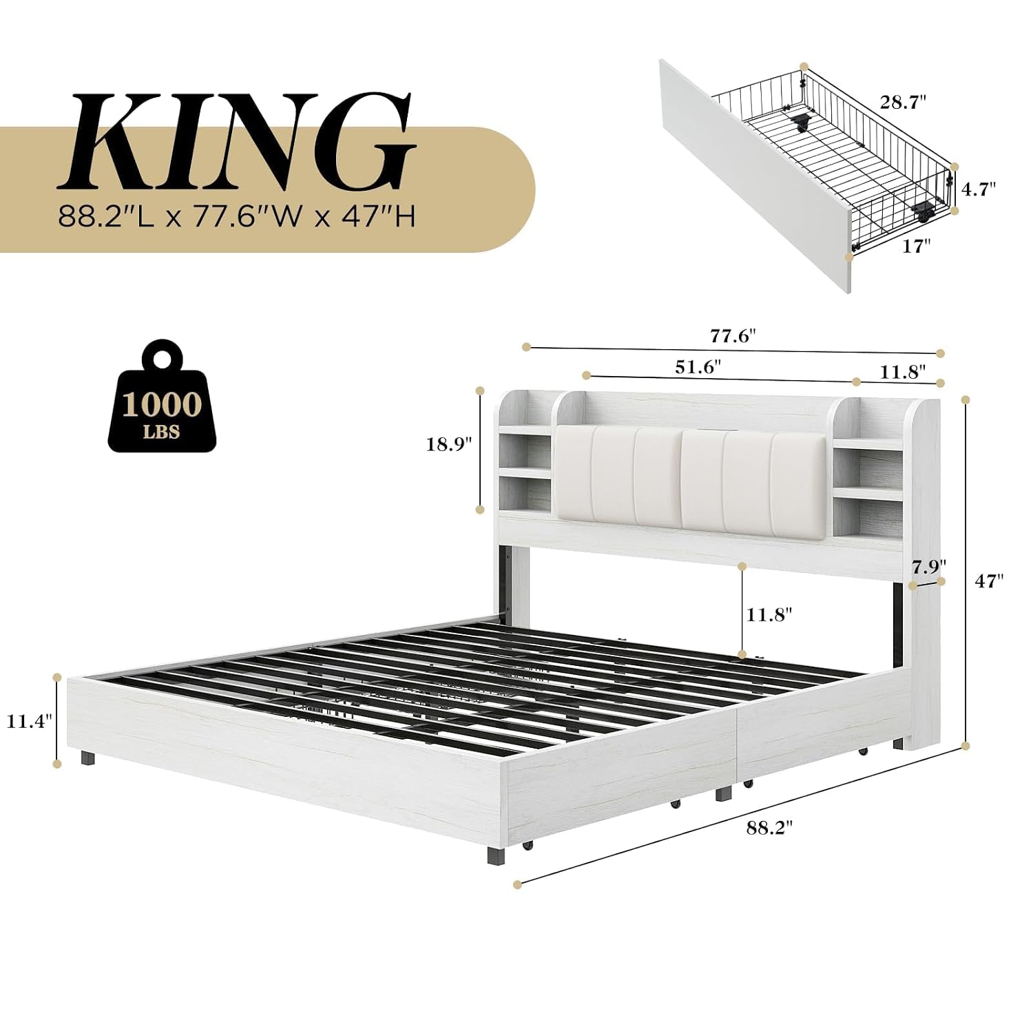 Cama King Size Tapizada con Ca - King Size Bed Frame With Storage Drawers reseña y precio
