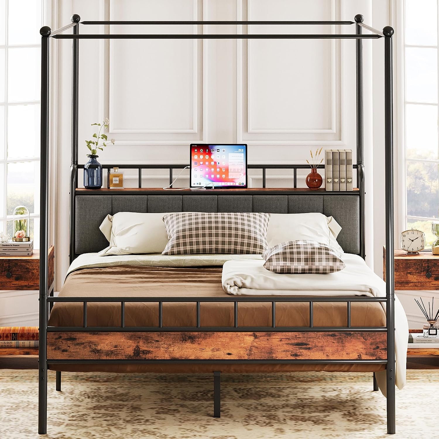 Estructura de cama con cabecer - Canopy Bed Frame Metal Queen reseña y precio