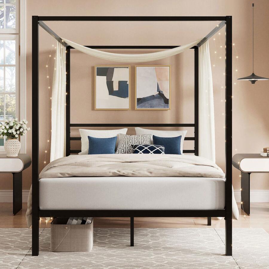Base de Cama con Dosel Negra,  - Canopy Bed Frame Metal Queen reseña y precio