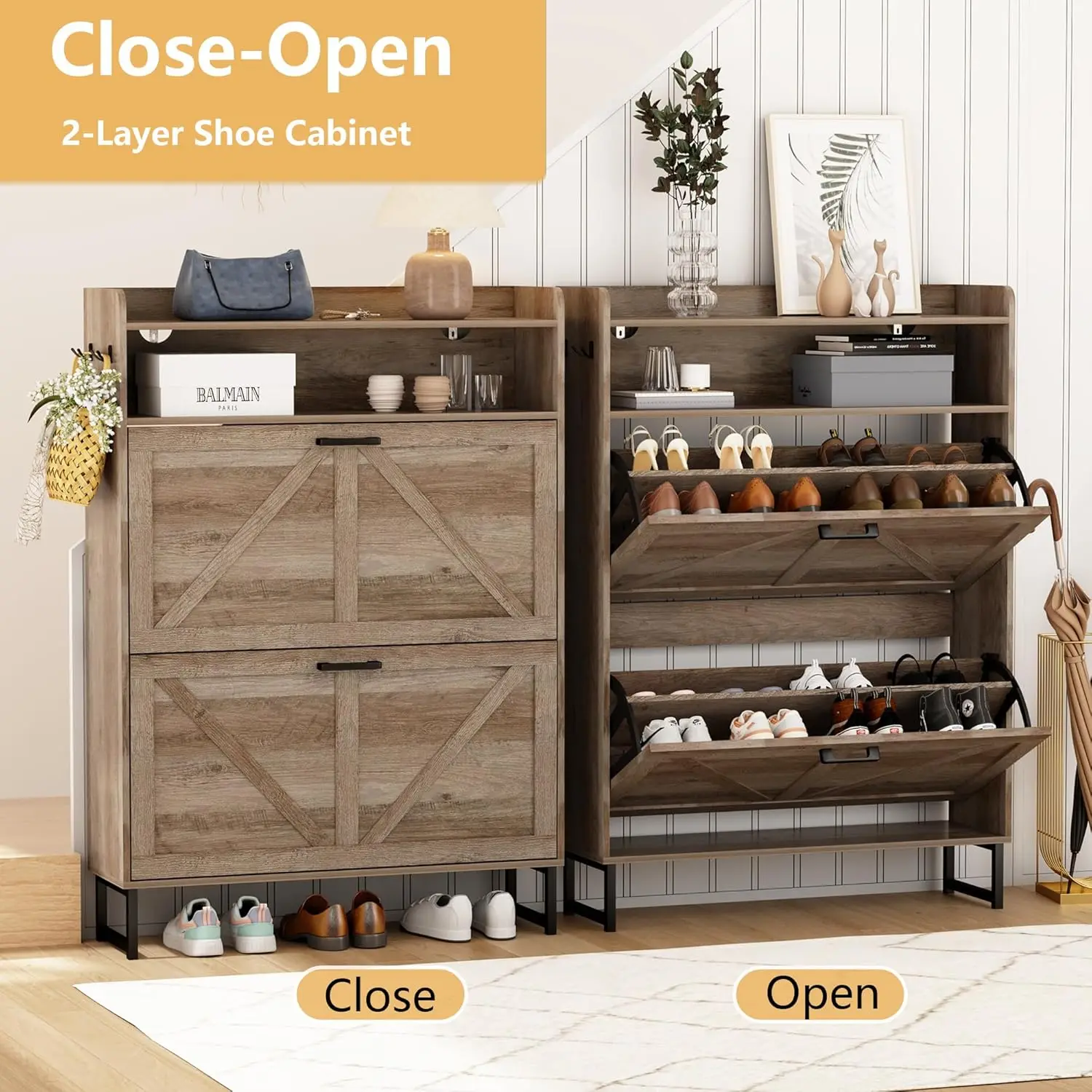 Zapatero con 2 cajones abatibl - Shoe Rack Cabinet Narrow Entryway reseña y precio